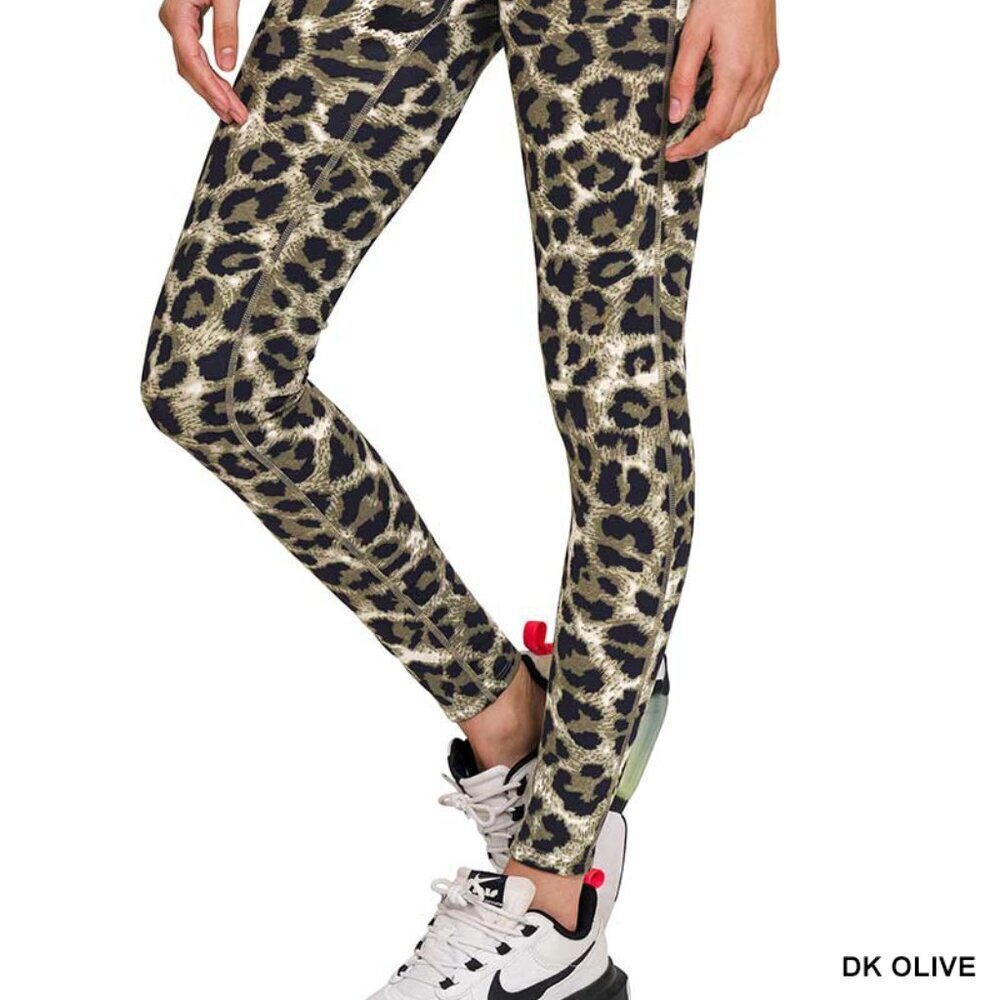 Travel Passions - Dark Olive Leopard Print High Waisted Leggings